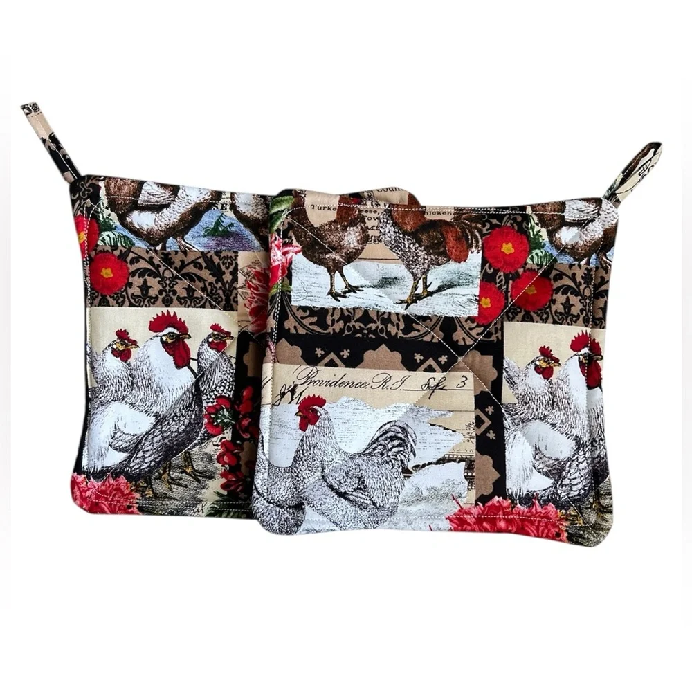 Hand Crafted Farmhouse Red Roosters Potholders Set Fabric Hot Mats Trivet